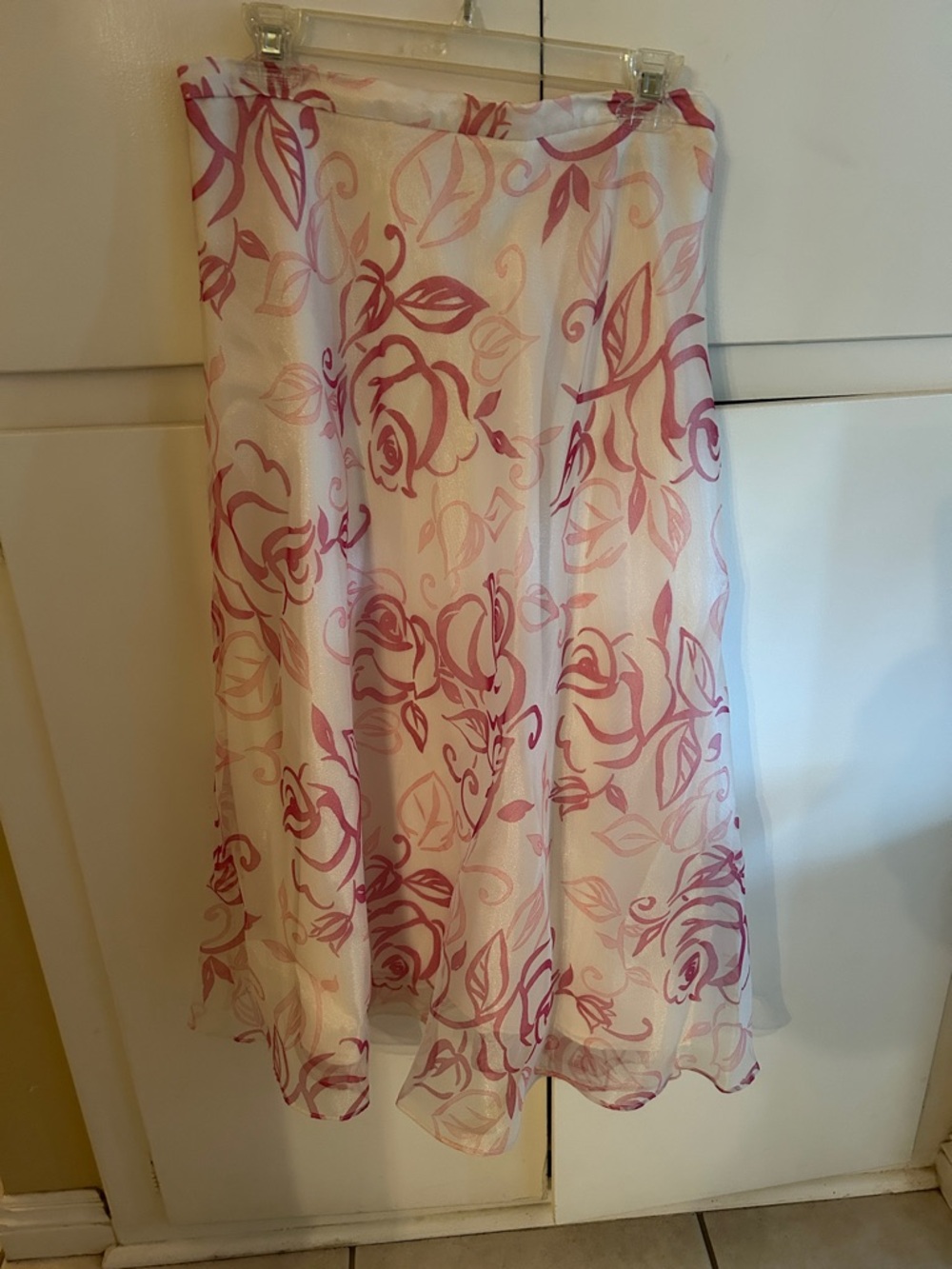 David's Bridal White Midi Skirt with Pink Rose Motif